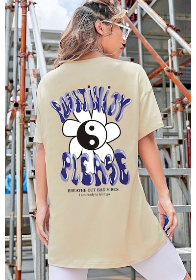 Unisex Positivity Baskılı Tasarım T-shirt Bej