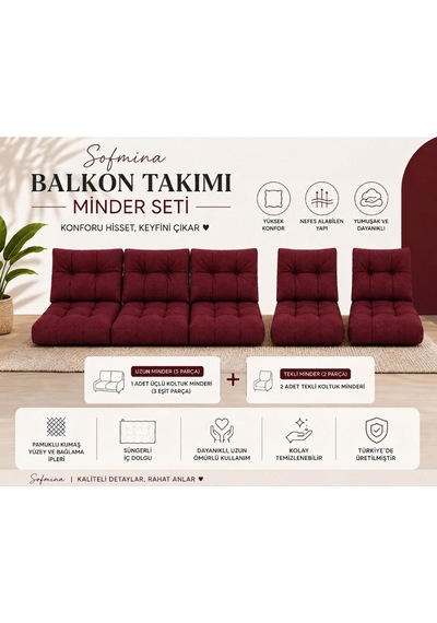 Leke Tutmaz 3-1-1 Balkon Bahçe Minder Seti - Fermuarlı Yıkanabilir İçi Dolu Bordo