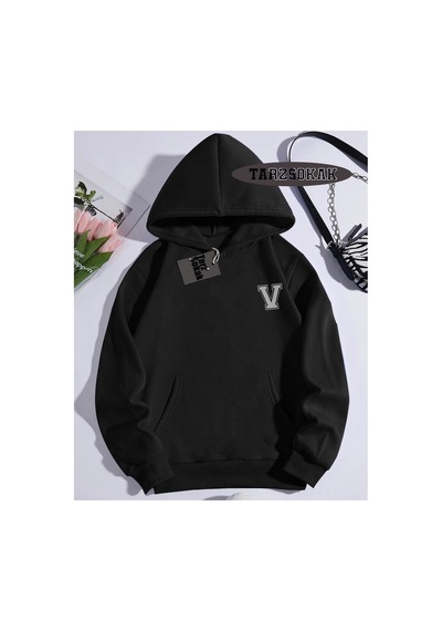Tarzsokak Kapşonlu Sweatshirt Siyah V Harfi İsme Özel Tasarım