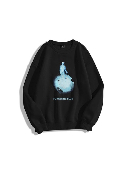 Startmore Unisex Feeling Blue Bisiklet Yaka Sweatshirt Siyah Siyah