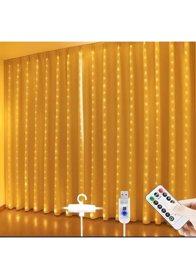 3x3 Metre Perde Led Işık, 300 Ledli 10 Sarkıtlı Dekoratif Peri Led, Uzaktan Kumandalı Ve 8 Fonksiyonlu, Usb Girişli Günışığı Sarı Duvar Ve Perde Aydınlatması Enerji Sınıfı A