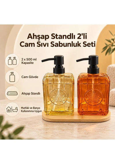 Ahşap Standlı 2'li Cam Sıvı Sabunluk Çok Renkli