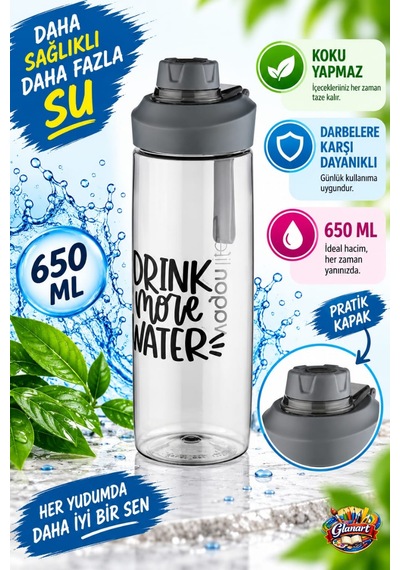 Şeffaf Renk 650 Ml Suluk Matara, Ergonomik Kapak 1 Adet Gri