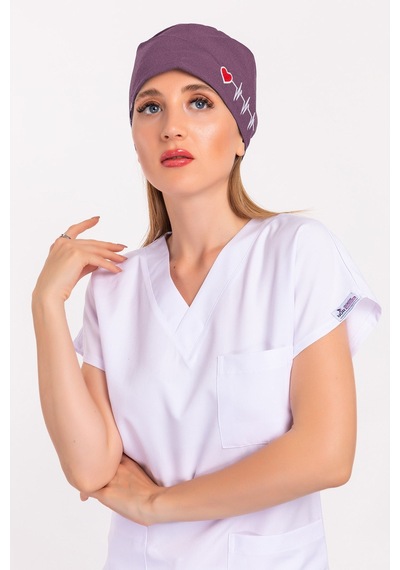 Unisex Leylak Kalp Ritim Nakışlı Doktor Hemşire Hastane Medikal Cerrahi Bonesi Mor