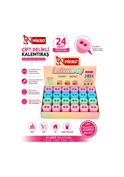 Mikro Çift Delikli Kalemtıraş 24 Adet Tek Kutu Hazneli Standart Ve Jumbo Kalem Uyumlu Mk-1011