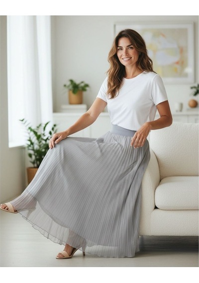Eren Style Şifon İçi Astarlı Beli Lastikli Etek 95 Cm - 38-52 Gri