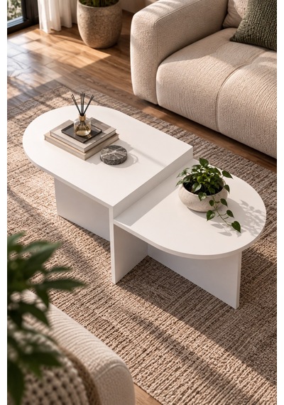 Sulorahome Kademeli Oval Orta Sehpa Beyaz