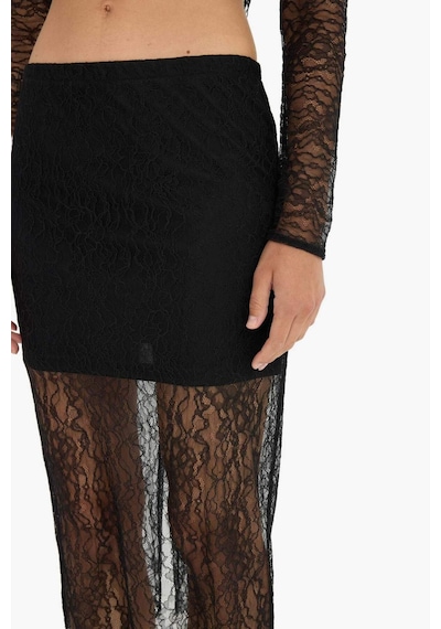 DeFacto Slim Fit Dar Kesim Astarlı Midi Dantelli Etek E0465AX24AUBK81 Siyah