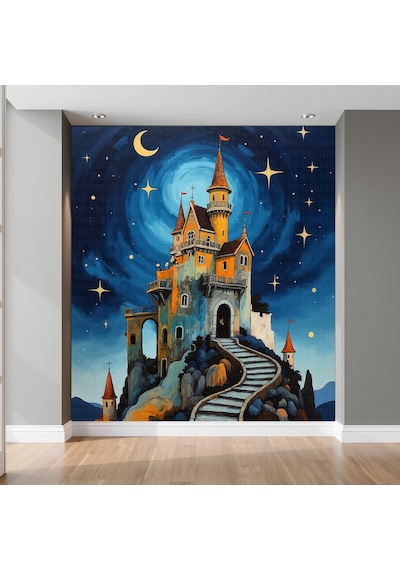 Gece Kale Yıldızlar Poster Duvar Kağıdı Renkli