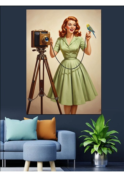 Fotoğrafçı Kadın Retro Kıyafet Dekoratif Kanvas - Mdf Ahşap Tablo