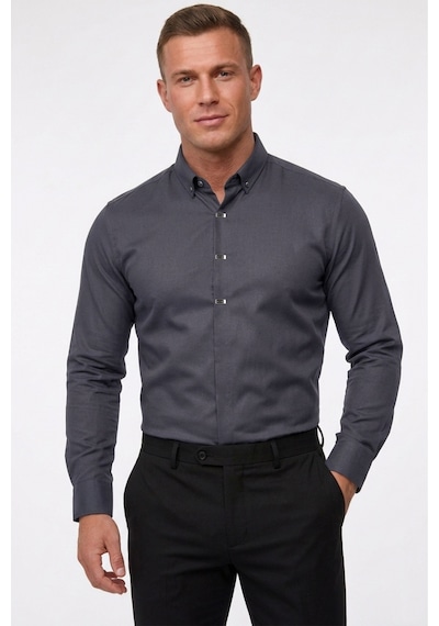Deepsea Füme Slim Fit Likralı Kolay Ütülenebilir Gizli Düğmeli Erkek Gömlek 2602614