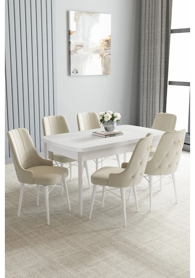 Zümra Serisi, Beyaz 80x132 Açılabilir Mdf Mutfak Masası Takımı 6 Adet Sandalye, Krem Zümra Serisi, Beyaz 80x132 Açılabilir Mdf Mutfak Masası Takımı 6 Adet Sandalye, Krem