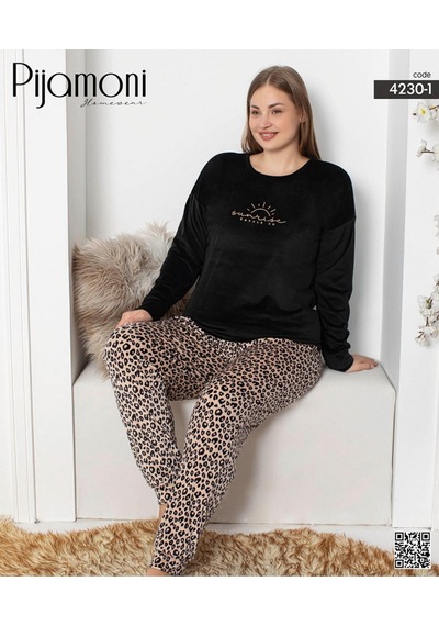 Pijamoni Kadın Kadife Büyük Beden Bisiklet Yaka Uzun Kol Pijama Takımı 4230/1- 1 Adet Siyah Pijamoni Kadın Kadife Büyük Beden Bisiklet Yaka Uzun Kol Pijama Takımı 4230/1- 1 Adet Siyah