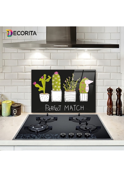 Cam Ocak Arkası Koruyucu | Perfect Match - Siyah Fon |40cm x 60cm