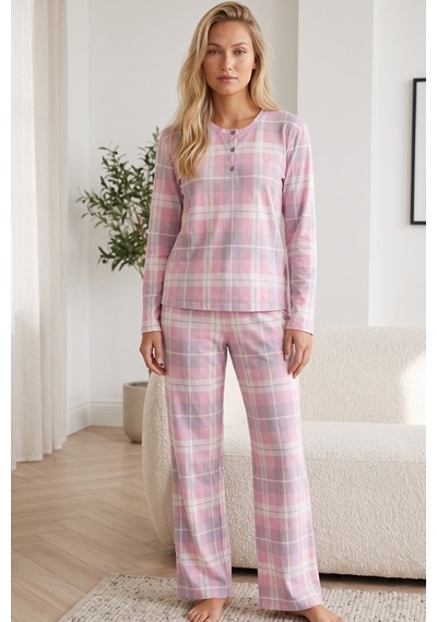 Siyah İnci Düğmeli Pamuklu Likralı Örme Pijama Takım 26240358 Pembe