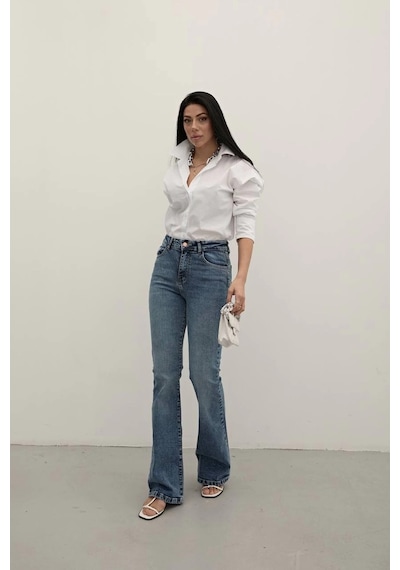 Dark Blue Premium Yüksek Bel Bronz Düğmeli İspanyol Paça Jeans Mavi