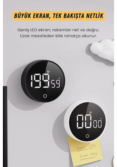GWORKE Rt-1 Mıknatıslı Zamanlayıcı, Mutfak Kronometresi, Pomodoro, Öğrenci Ders Çalışma Saati - Siyah