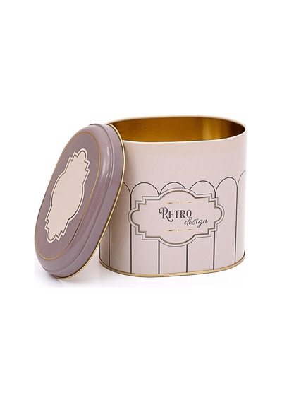 Retro Desenli Oval Metal Saklama Kabı 14 x 12 x 13 CM 1.4 L Çok Renkli