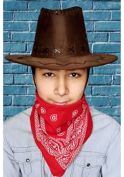Uniquetrenders Çocuk Unisex Bandanalı Nubuk Kovboy Şapkası 8-14 Yaş Kahverengi 2