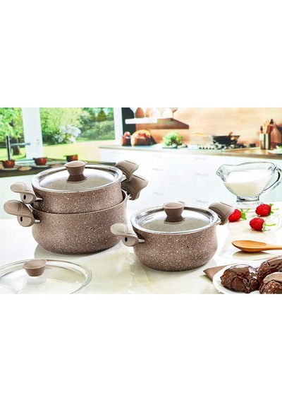 Oms Granit Güveç Set 3lü Granit Mini Tencere Takımı Cam Kapaklı Kahve