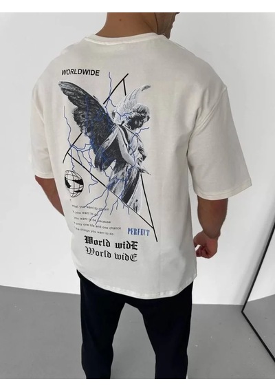 Modi Unisex Bisiklet Yaka Baskılı Oversize T-shirt - Beyaz - Mymg106743