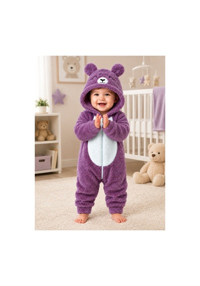 Kız Erkek Bebek Welsoft Peluş Tulum Kapüşonlu Fermuarlı Kışlık Bebek Tulumu Ayıcık Desenli Yumuşak Polar Tulum Mor