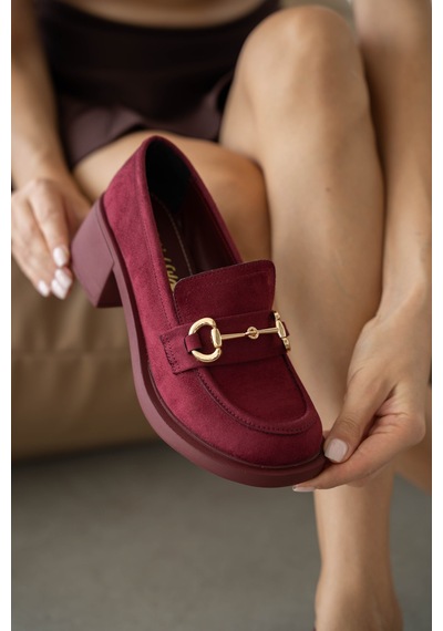 Selin Shoes Hily Gold Aksesuar Detay Kadın Loafer- Bordo Süet