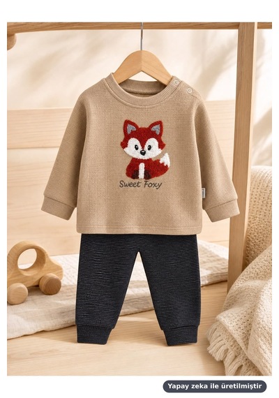 Ferasty İstanbul Erkek Bebek 2'li Takım Tilki Nakışlı Sweet Foxy Bej
