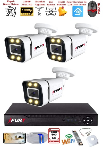Fury 3 Kameralı 1080p Görüntü Gece Renkli Full Hd 4 X Ultra Led Gece Renkli Güvenlik Kamerası Seti 500gb