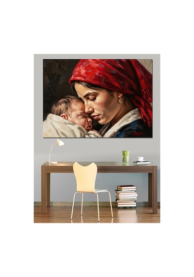 Bebeğine Sarılan Şefkatli Anne Portresi Yağlı Boya Dokulu Kanvas Tablo Canvas Tablosu
