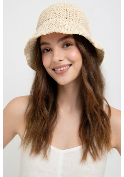 Mollycrush Kadın Bej Yazlık Örgü Bucket Şapka Güneş Koruyucu Trend Kova Model Hasır Bej