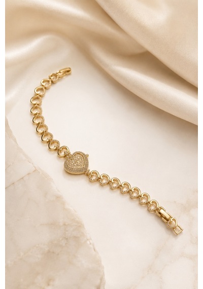 Balenbi Jewelry Kadın Taşlı Büyük Kalp Figürlü Kalp Zincir Kararmaz Çelik Bileklik 14k Gold 1140 Altın