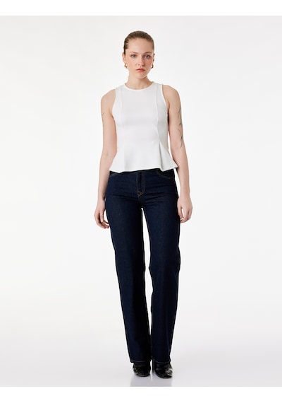 Koton Slim Fit Kolsuz Bisiklet Yaka Peplum Bluz Ekru 6sak10097ek