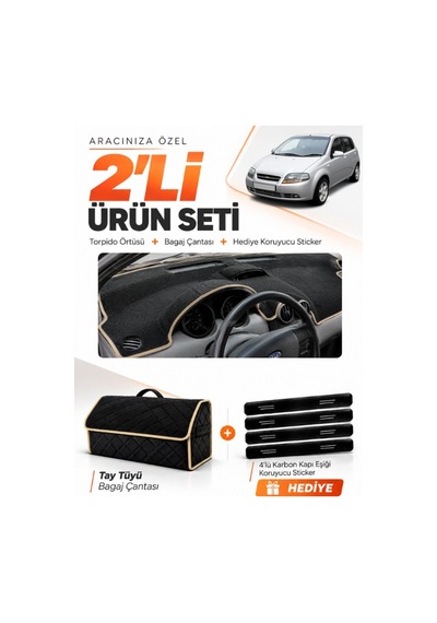 E-biz Chevrolet Kalos 2009-2013 Uyumlu Torpido Örtüsü + Tay Tüyü Bagaj Çantası - Siyah-bej - Ch004
