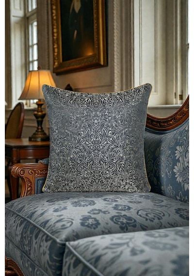Kırlent Kılıfı Desenli Jakarlı Dokuma Kumaş 2'li 45x45 Ve 35x50 Çift Taraflı Biyeli Füme