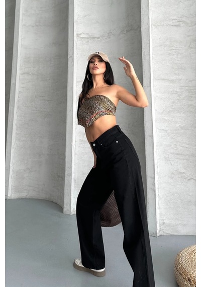 Kazax Palazzo Straight Enzim Süper Taş Yıkama Jeans Pantolon Siyah D2008 Siyah