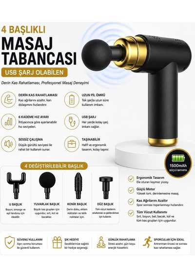 4 Başlıklı Usb Şarj Olabilen Masaj Tabancası Masaj