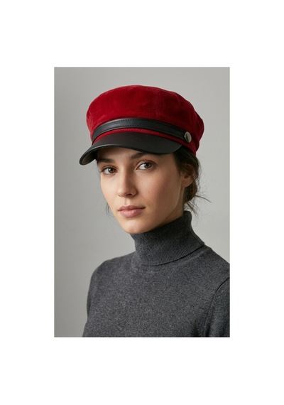 Emybox Kadın Süet Dokulu Deri Siperlikli Kaptan Şapka Vintage Kasket Şerit Detaylı Kışlık Ressam Şapkası Baker Boy Trend Aksesuar Kırmızı