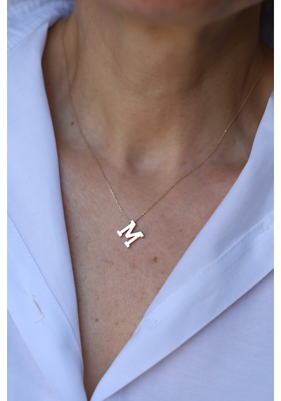 14 Ayar Altın M Harfli Kolye 1 Cm Genişlik - Kly33958