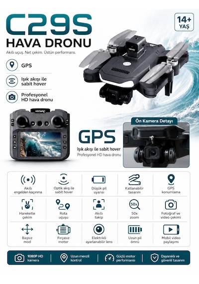 C29s Gps Drone Ekranlı Kumanda Özel Öantalı Led Işıklı 360 Derece Engel Algılamalı Profesyonel Hd Hava Dronu Elektirikli Lens 50x Zoom Fırçasız Motor Katlanabilir Tasarımı