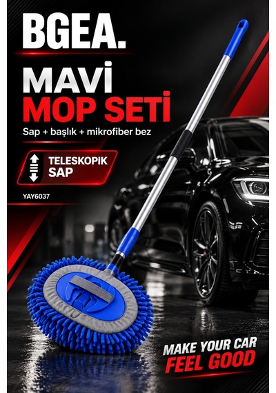 Bgea Mavi Mikrofiber Araç Yıkama Mop Seti Teleskopik Saplı Yay6037