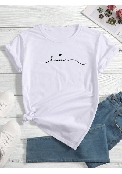 Uyguntarz Unisex Love Baskılı Tasarım Tshirt Beyaz