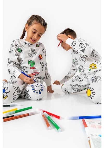 Bebelove Boyanabilir Çocuk Pijaması Eğitici, Eğlenceli, Pamuklu Pijama Takımı Beyaz