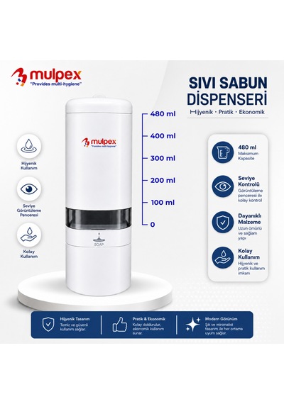 Mulpex 480 Ml Sıvı Sabunluk Beyaz Duvar Tipi Abs Dispenser, Kilitli Kapak Ve Seviye Göstergeli