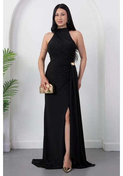 Kalopya Halter Yaka Drapeli Tokalı Abiye Elbise Ecr5862 Siyah