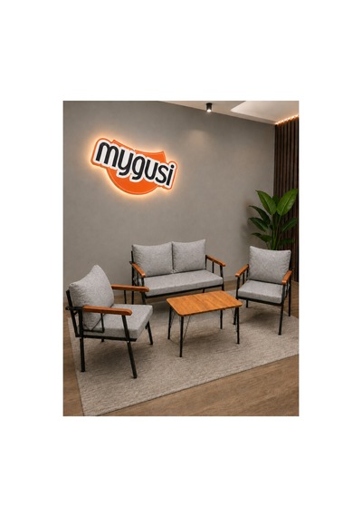 Mygusi Erva Serisi Balkon, Bahçe, Cafe - Metal Kanepe Koltuk Takımı - 211 40 70 Sehpalı - Açık Gri