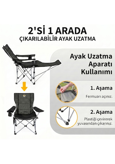 Lazy 4 Katlanabilir Kamp Ve Plaj Sandalyesi Ayak Uzatmalı, 3 Kademeli Şezlong, Yastıklı, Bardaklıklı - Antrasit