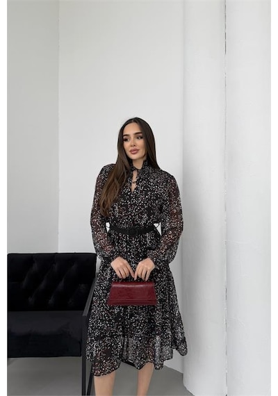Neşeli Butik Kadın Siyah Dik Yaka Bağlama Detaylı Şifon Kumaş Uzun Kol Midi Elbise Nbelb01 Siyah Neşeli Butik Kadın Siyah Dik Yaka Bağlama Detaylı Şifon Kumaş Uzun Kol Midi Elbise Nbelb01 Siyah