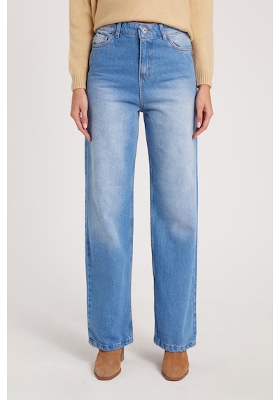 Tudors Kadın Regular Fit Klasik Kesim Pamuklu Bol Paça Mavi Jean Pantolon-39521 Mavi