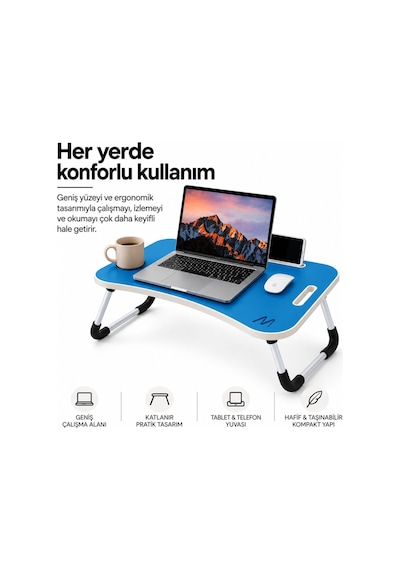 Muıtomas Katlanabilir Bardaklıklı Laptop Masası Mavi